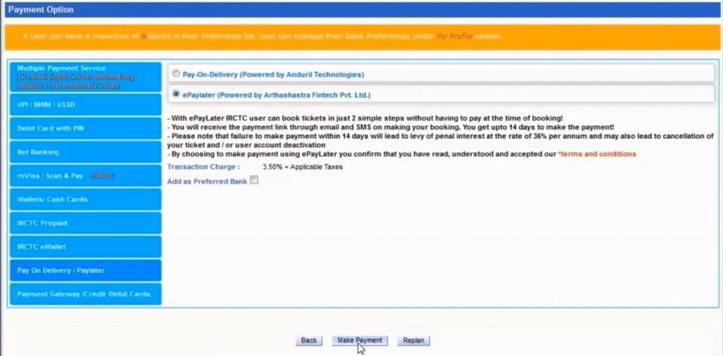Selecting ePayLater as Payment Option on IRCTC