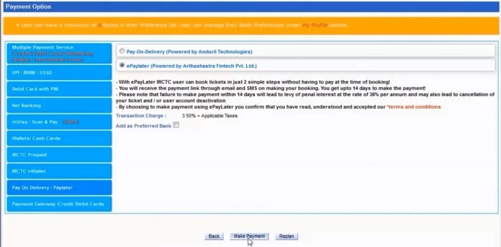 Selecting ePayLater as Payment Option on IRCTC