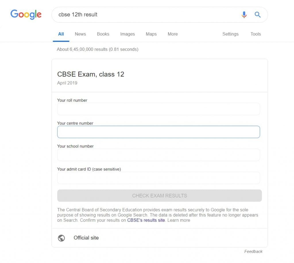 Check CBSE Class 12th Result on Google