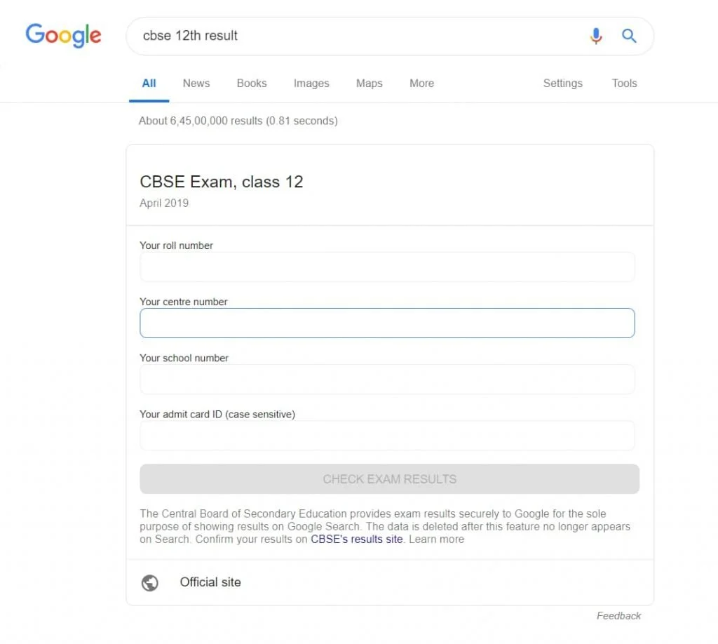 Check CBSE Class 12th Result on Google