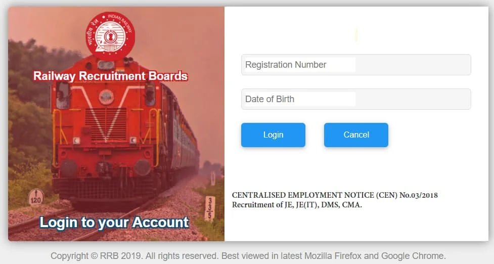 RRB JE 2019 Exam City Intimation Check Login Screen
